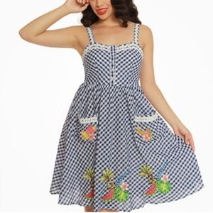 LINDY BOP CORINNA BLUE GINGHAM EMBROIDERED SUNDRESS  EUC  UK16